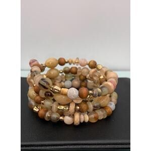 Mixed Material Multi Layer Memory Wire Neutral Colors Beaded Bracelet  Boho